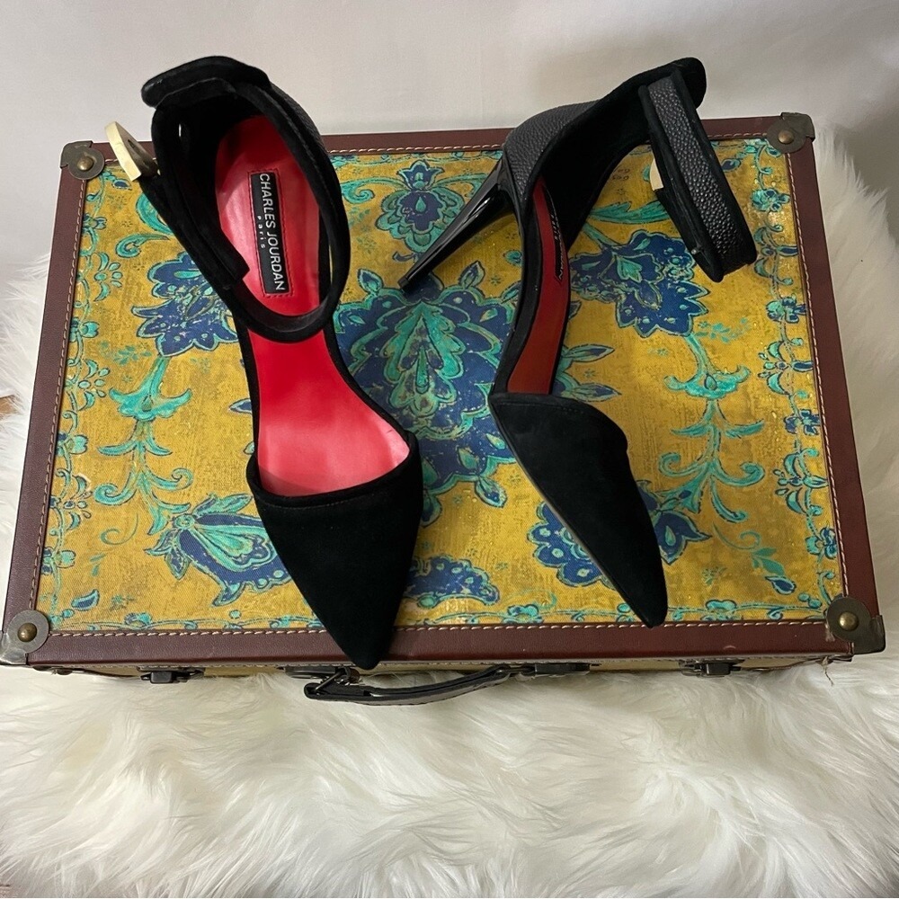 Charles Jourdan Paris Black Suede Leather D'Orsay Ankle Strap Pumps Heels 8.5M